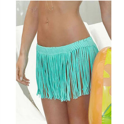 Falda de playa tejida a mano con borlas y rayas de tela elástica, falda étnica sexy para vacaciones, falda pequeña para mujer