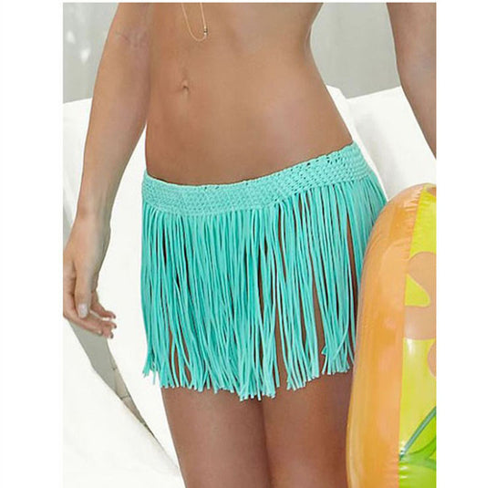 Falda de playa tejida a mano con borlas y rayas de tela elástica, falda étnica sexy para vacaciones, falda pequeña para mujer