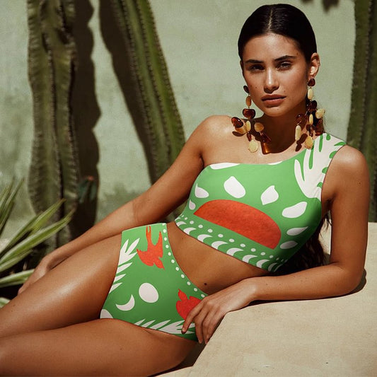 Traje de baño estampado adelgazante de hombros para mujer, bikini de cintura alta