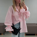 Camisa francesa de oficina a rayas de moda para mujer, camisa con cuello, mangas acampanadas y bolsillos sueltos, con estampado de primavera y otoño