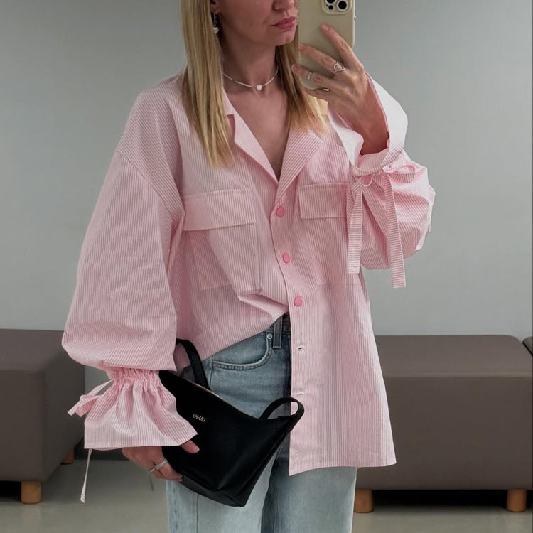 Camisa francesa de oficina a rayas de moda para mujer, camisa con cuello, mangas acampanadas y bolsillos sueltos, con estampado de primavera y otoño