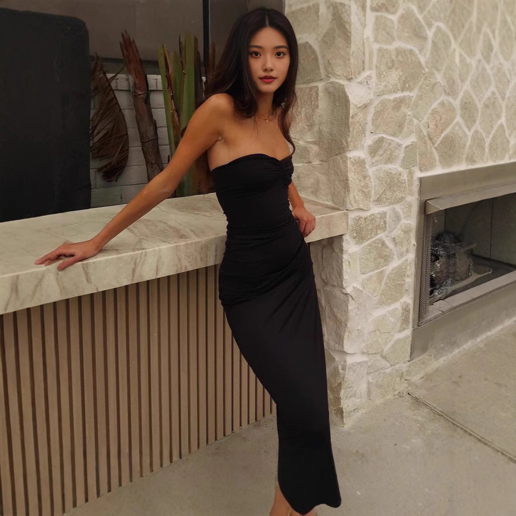 Women lothing Summer Sexy Wrapped Chest Slim Side Slit Long Solid Color Dress Bailess