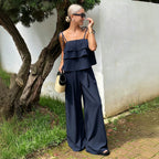 Ruffled Spaghetti Straps Wide Leg Pants Set Women Lace up Waist Controlled Slimming Vacation Two Piece Set Yiskiss