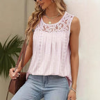 Plus Size Women Sleeveless Lace Pleated Shirt Summer Blouse Waist Top Eping