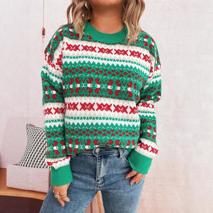 Autumn Winter Cute Pattern Christmas Jacquard Contrast Color round Neck Long Sleeved Knitted Pullover Casual Sweater
