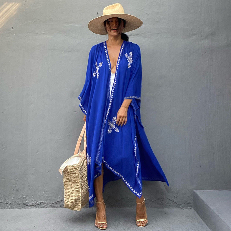 Rayon Embroidered Loose Long Cardigan Beach Sun Protection Coat Beach Cover Up Swimsuit Outwear Women EvenStar