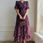 Print French Dress Women V neck Short Sleeve Single Breasted Dress Kigali