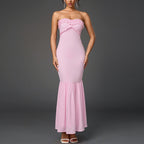 Chiffon Tube Top Dress Sexy Backless Wooden Ear Smocking Stitching Hip Dress