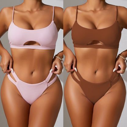 Sunken Stripe Solid Color Sexy Cutout Bikini Two Piece Swimsuit Bikini Swimsuit