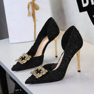 French Rhinestone Square Buckle Side Hollow Out Cutout Slip on Super High Heel Satin Gentle Elegant Stiletto Wedding Shoes ForestFootwear