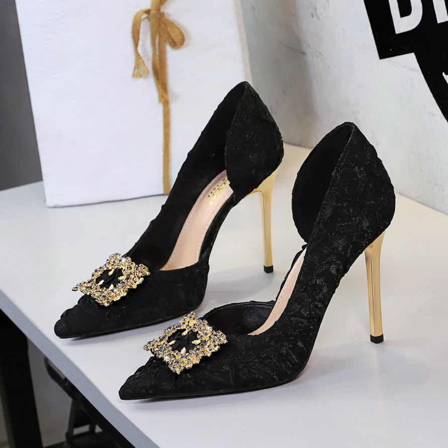 French Rhinestone Square Buckle Side Hollow Out Cutout Slip on Super High Heel Satin Gentle Elegant Stiletto Wedding Shoes ForestFootwear