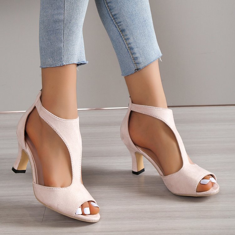 Simple in Back Zipper Bag Heel Peep Toe Shoes Women Summer Plus Size Side Empty Stiletto Heel Roman Sandals ZUIMEI