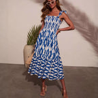 Women Clothing Summer Dress Printed Sexy Square Neck Cinched Pleated Suspender Large Swing Dress XINXI