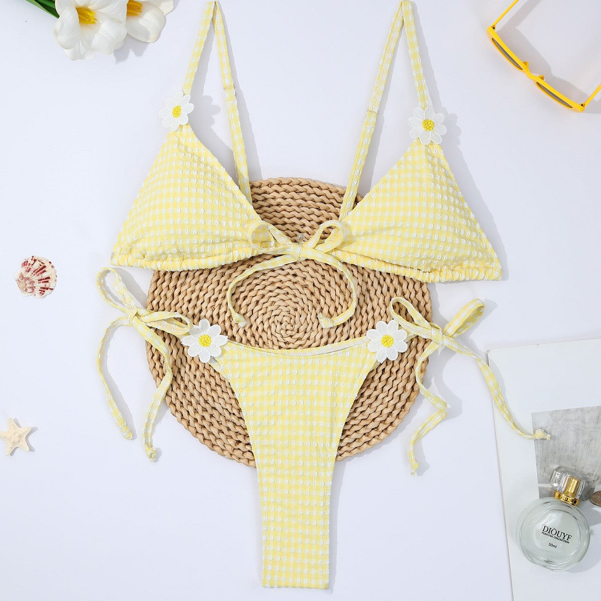 Fresh Yellow Plaid Daisy Split Bikini Swimsuit CSC