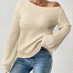 off Shoulder Shoulder Baring Knitwear Women Loose Solid Color Sweater Autumn Winter Lazy Wind Long Sleeve Top Owen