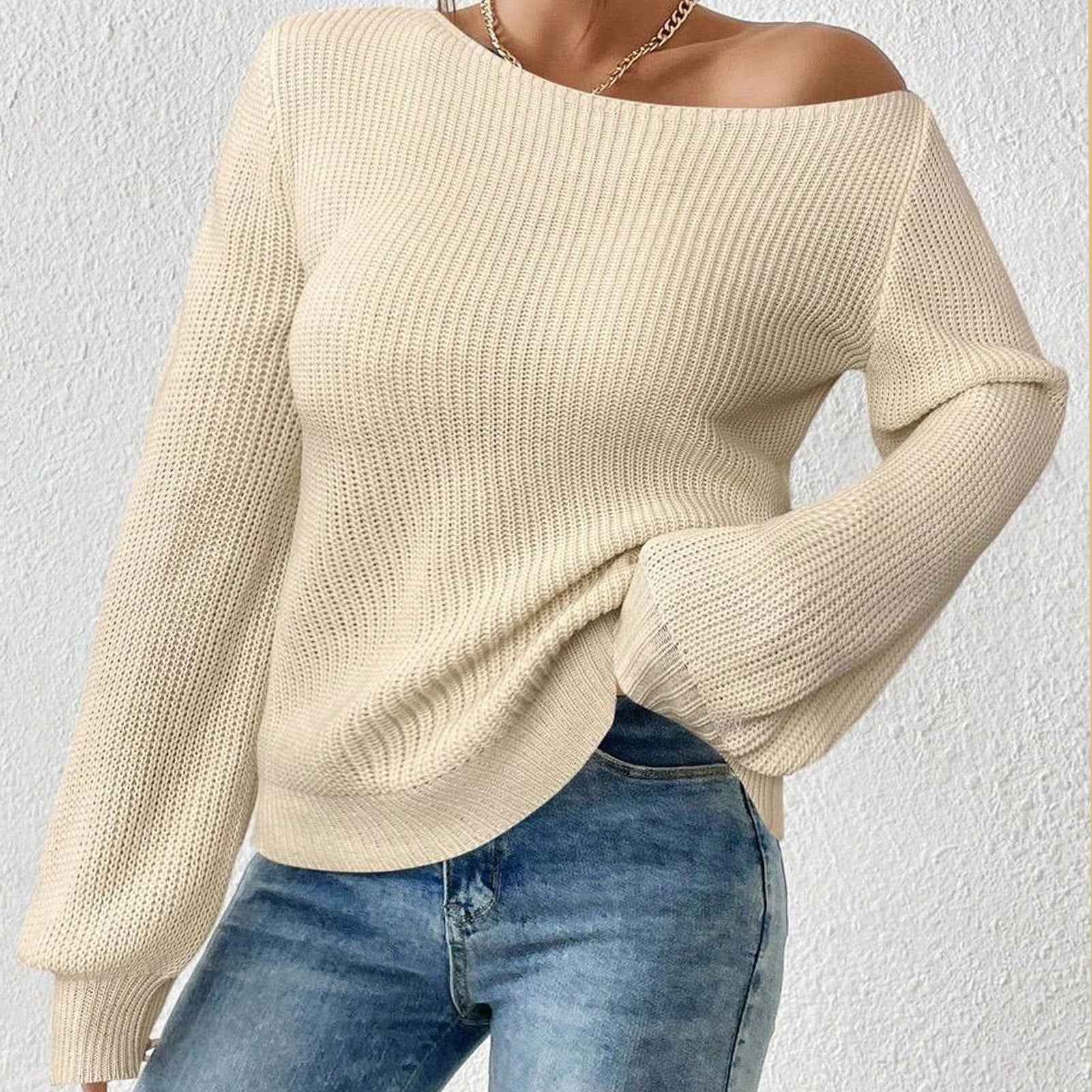 off Shoulder Shoulder Baring Knitwear Women Loose Solid Color Sweater Autumn Winter Lazy Wind Long Sleeve Top Owen