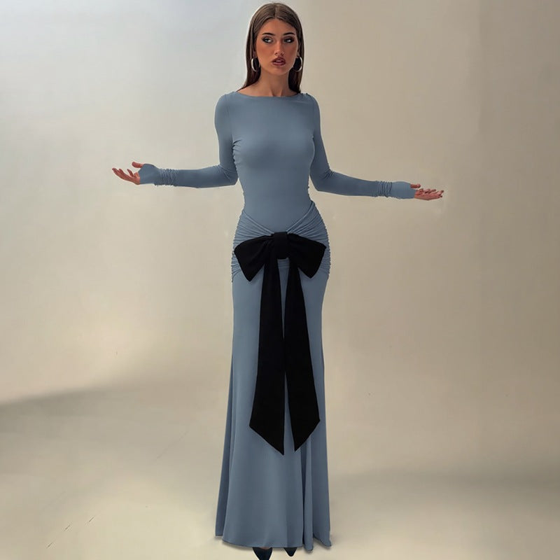 Women Clothing Summer Solid Color Pleated Waist Controlled Lace up Long Sleeve Dress Women