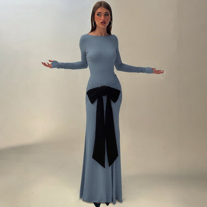 Women Clothing Summer Solid Color Pleated Waist Controlled Lace up Long Sleeve Dress Women