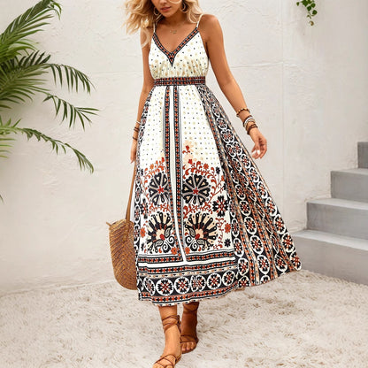 Backless Cami Dress Bohemian Ethnic Positioning Printing Vacation Casual Internet Influencer Long Rogan