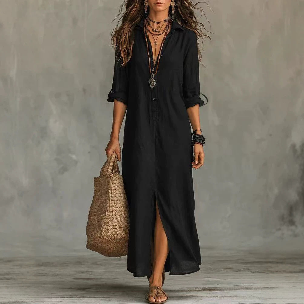 Women Elegant Button Collared Slit Elegant Dress Venly