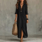 Women Elegant Button Collared Slit Elegant Dress Venly