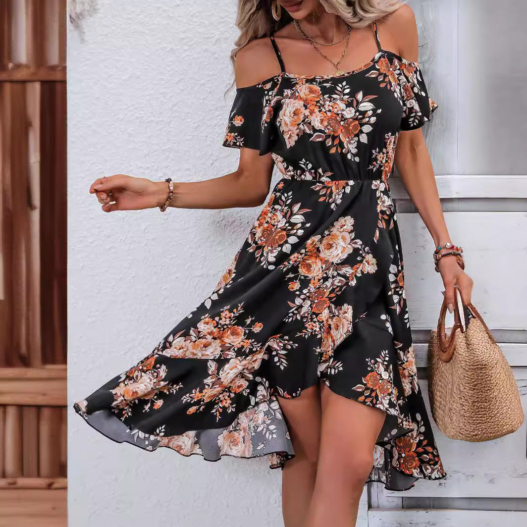 Women Clothing Summer Floral Print Slit Sling Dress NEWMELANCE