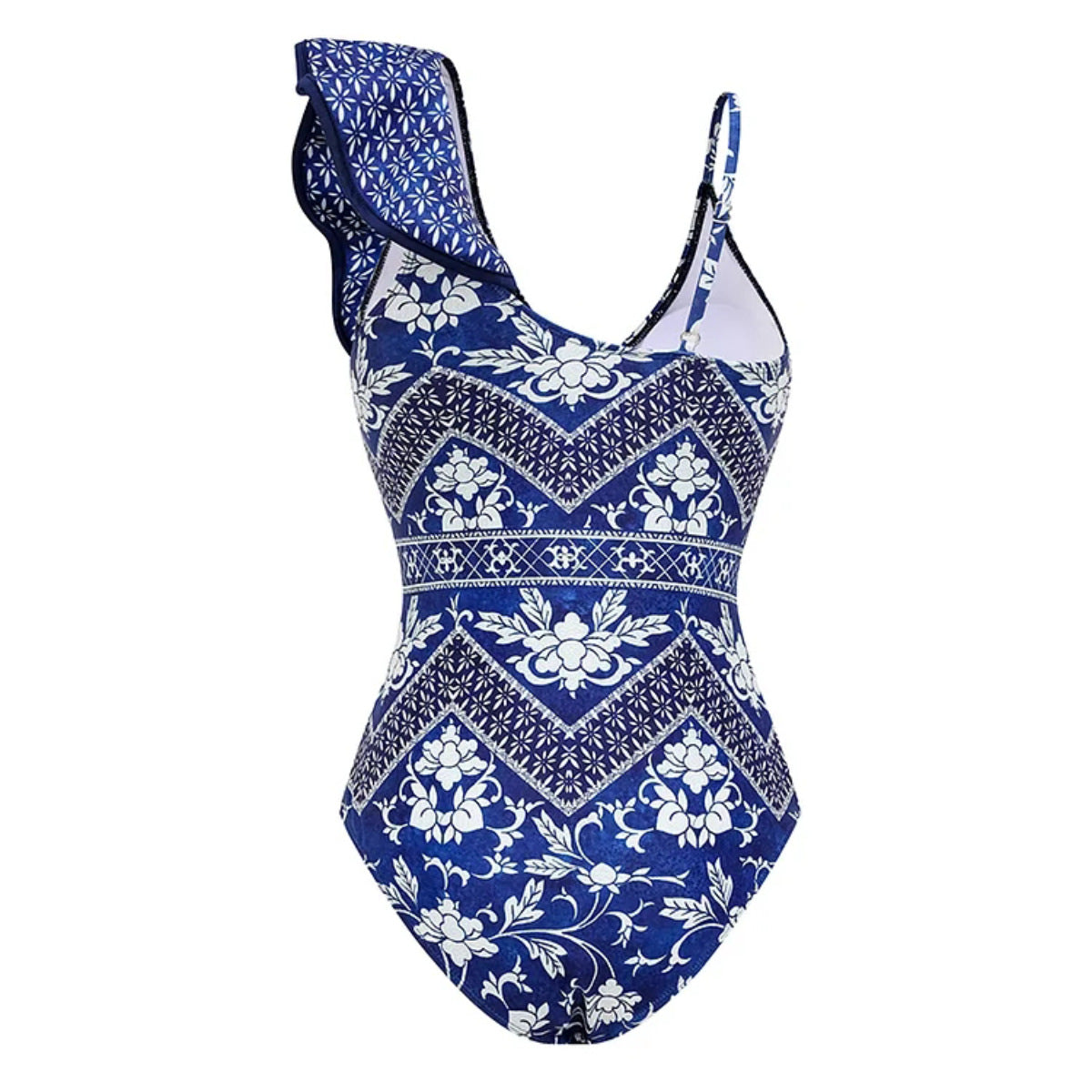 Traje de baño de una pieza con volantes y un hombro para mujer, sexy, sin espalda, estampado, traje de baño