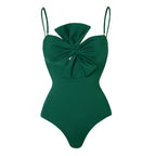 Traje de baño de una pieza para mujer, de color liso, con lazo, estilo retro francés, para adelgazar el vientre.