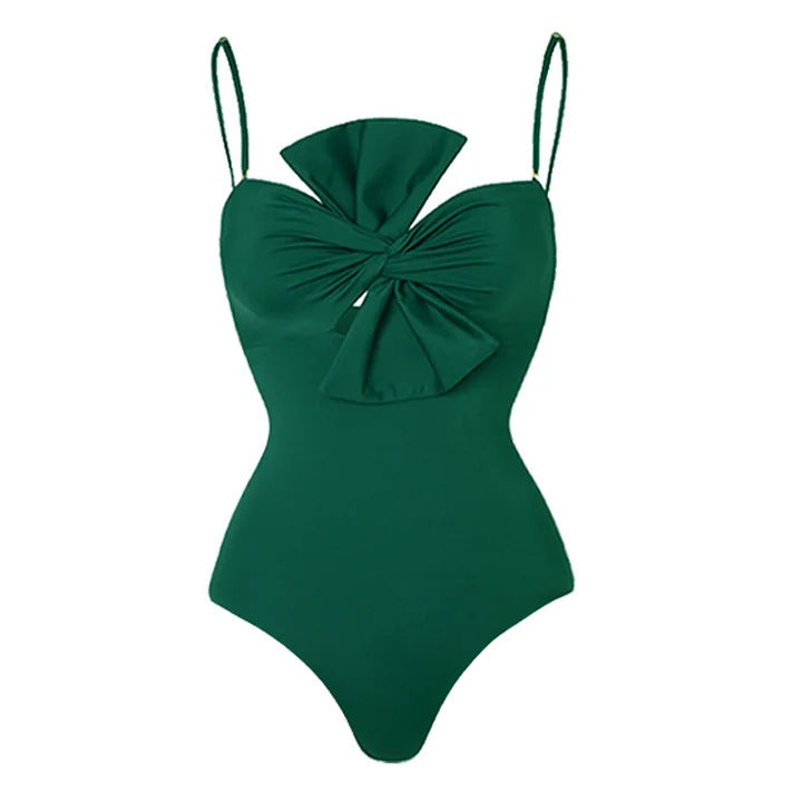 Traje de baño de una pieza para mujer, de color liso, con lazo, estilo retro francés, para adelgazar el vientre.