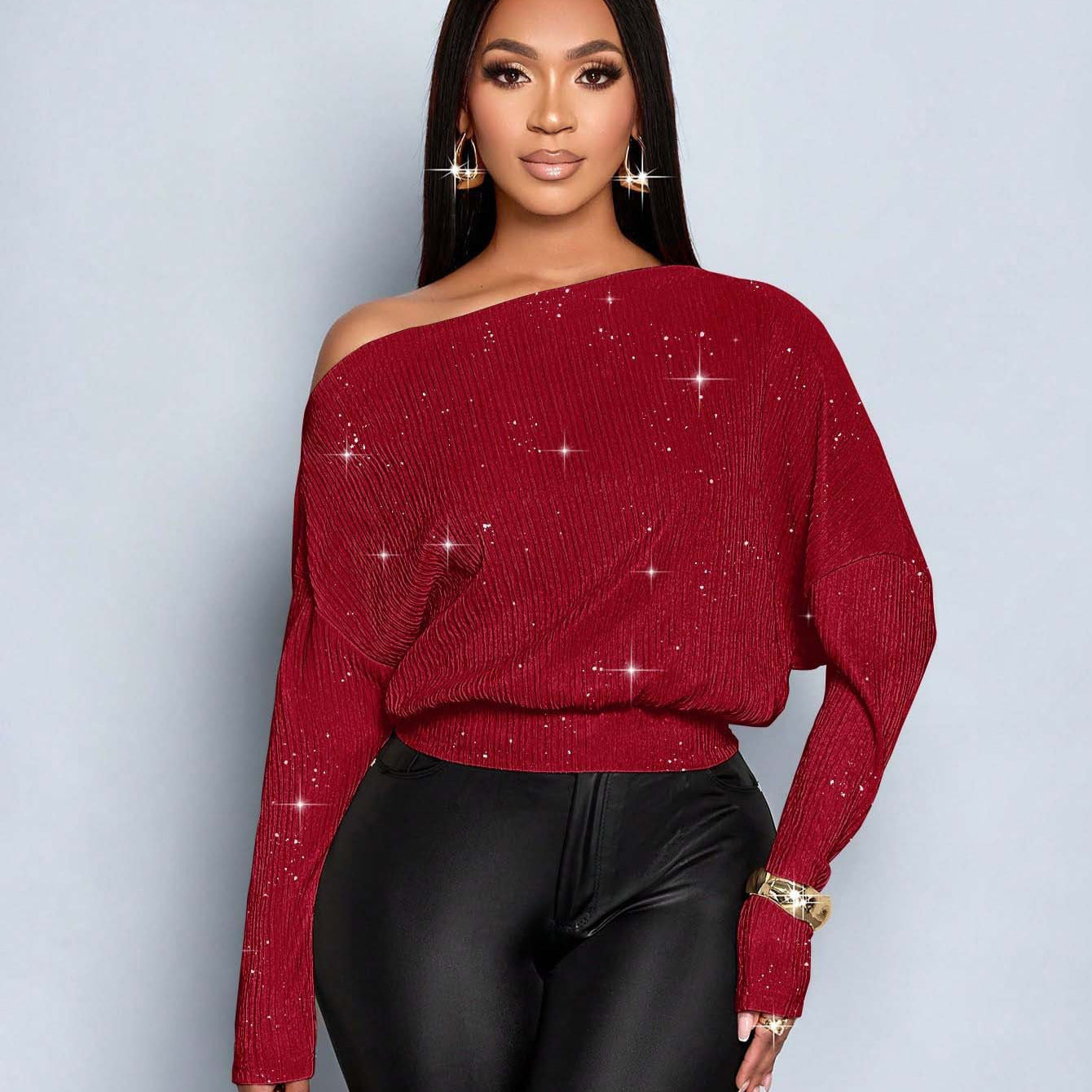 Sloping Shoulder off the Shoulder Sequ Loose Fitting Batwing Sleeve Waist Tight Sweater AXE