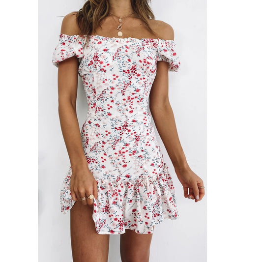Spring Summer Small Floral Sexy off Shoulder Collar Dress Home Floral