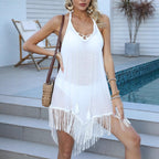 Women Beach Cover up Women Clothing Tassel Stitching Lace up Sexy Halter Bikini Overclothes Dress Oyimi