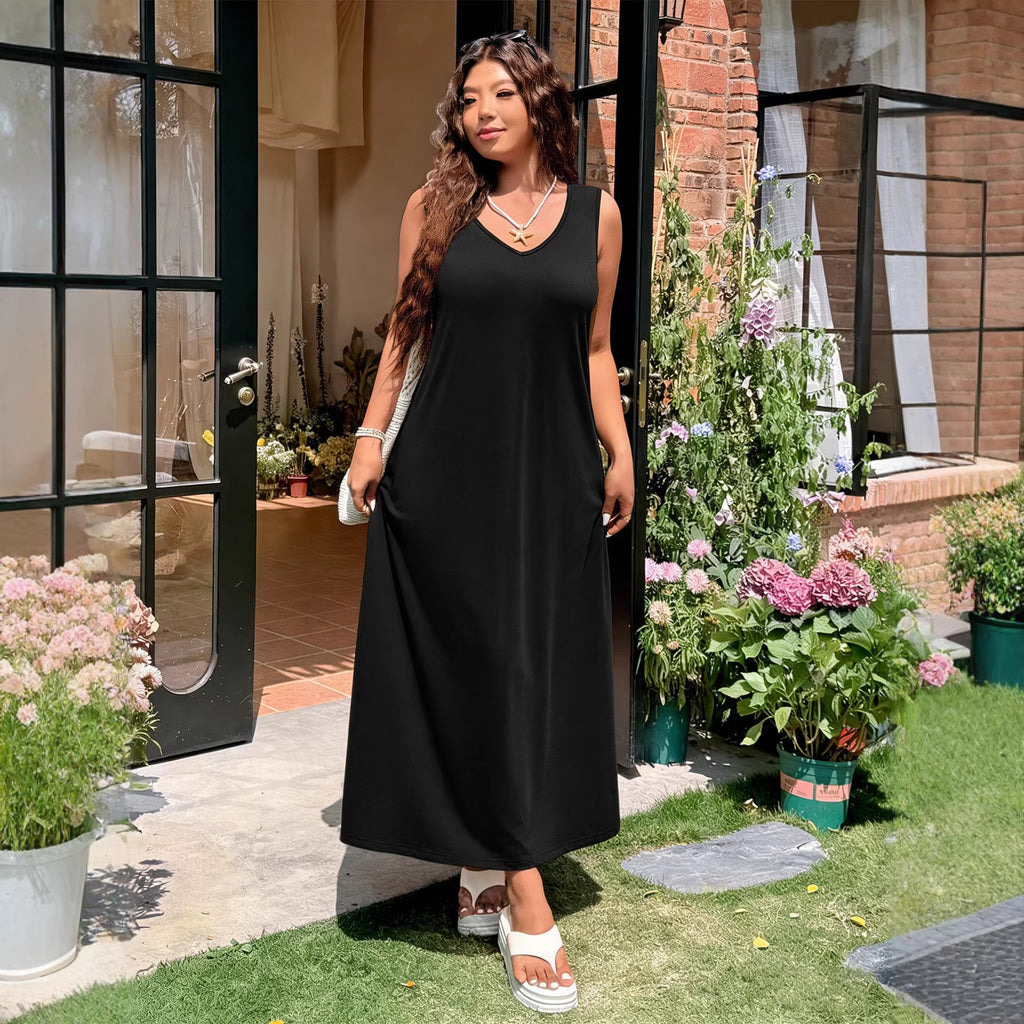 Summer High Waist V neck Maxi Dress Cotton Polyester Knitted A line Split Japanese Korean Casual Dress Yido