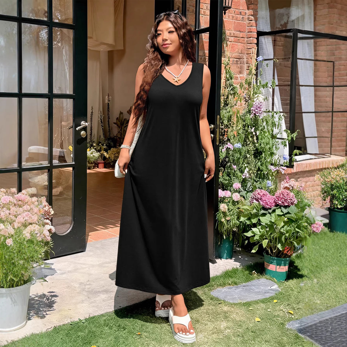 Summer High Waist V neck Maxi Dress Cotton Polyester Knitted A line Split Japanese Korean Casual Dress Yido