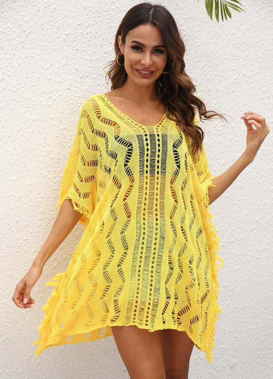 Women Clothing Sexy Hollow Out Cutout See-through Woven Blouse Wave Pattern Loose Beach Dress for Women