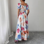 Summer Bubble Sleeve High Waist Tight Waist Women Printed Wear Large Swing Sling Dress SCC