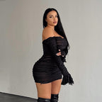 Robe d'automne unie à épaules dénudées, sexy, manches longues, taille haute et cintrée