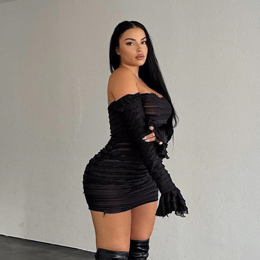 Vestido de mujer de otoño de color sólido con hombros descubiertos, sexy, de manga larga, cintura alta y estrecha