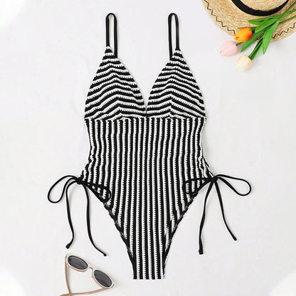 Striped One Piece Swimsuit Lace up Backless Sexy Bikini Swimsuit