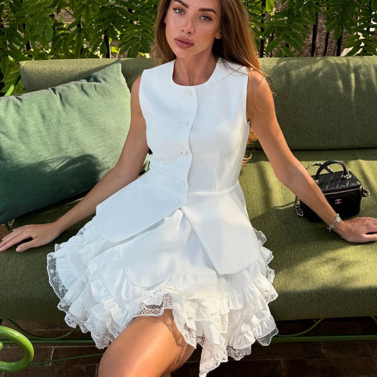 Casual Skirt Outfit Women High Grade Sleeveless Vest Waistcoat Top High Waist Bubble Skirt Two Piece Sets