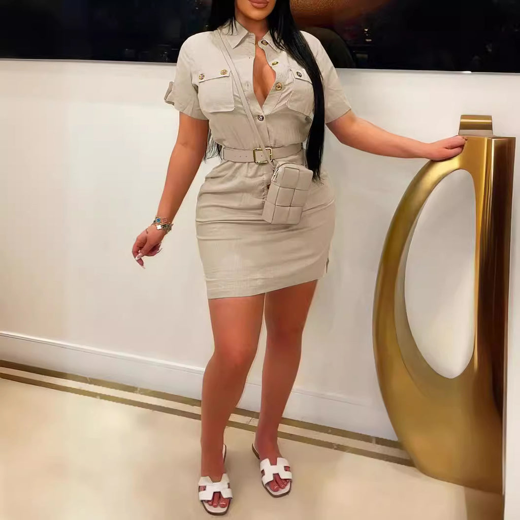Women Clothing Blouse Collar Button Belt Pocket Dress Venly