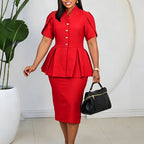 Women Clothing Short Sleeve Elegant Ruffled Hip Split Solid Color Set Morn