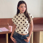 Women Clothing Summer Polka Dot Printed Waist Controlled Loose Top round Neck Short Sleeve T shirt BULLINGER