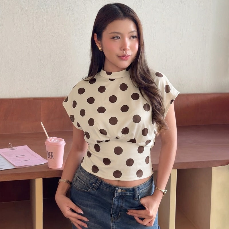 Women Clothing Summer Polka Dot Printed Waist Controlled Loose Top round Neck Short Sleeve T shirt BULLINGER