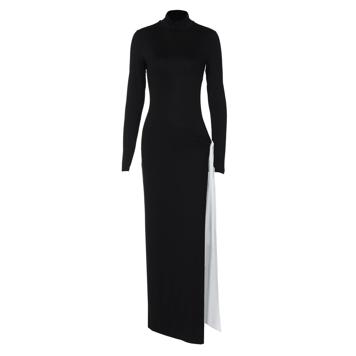 Winter Women Clothing High Collar Long Sleeve Sexy Slit Contrast Color Ribbon Dress