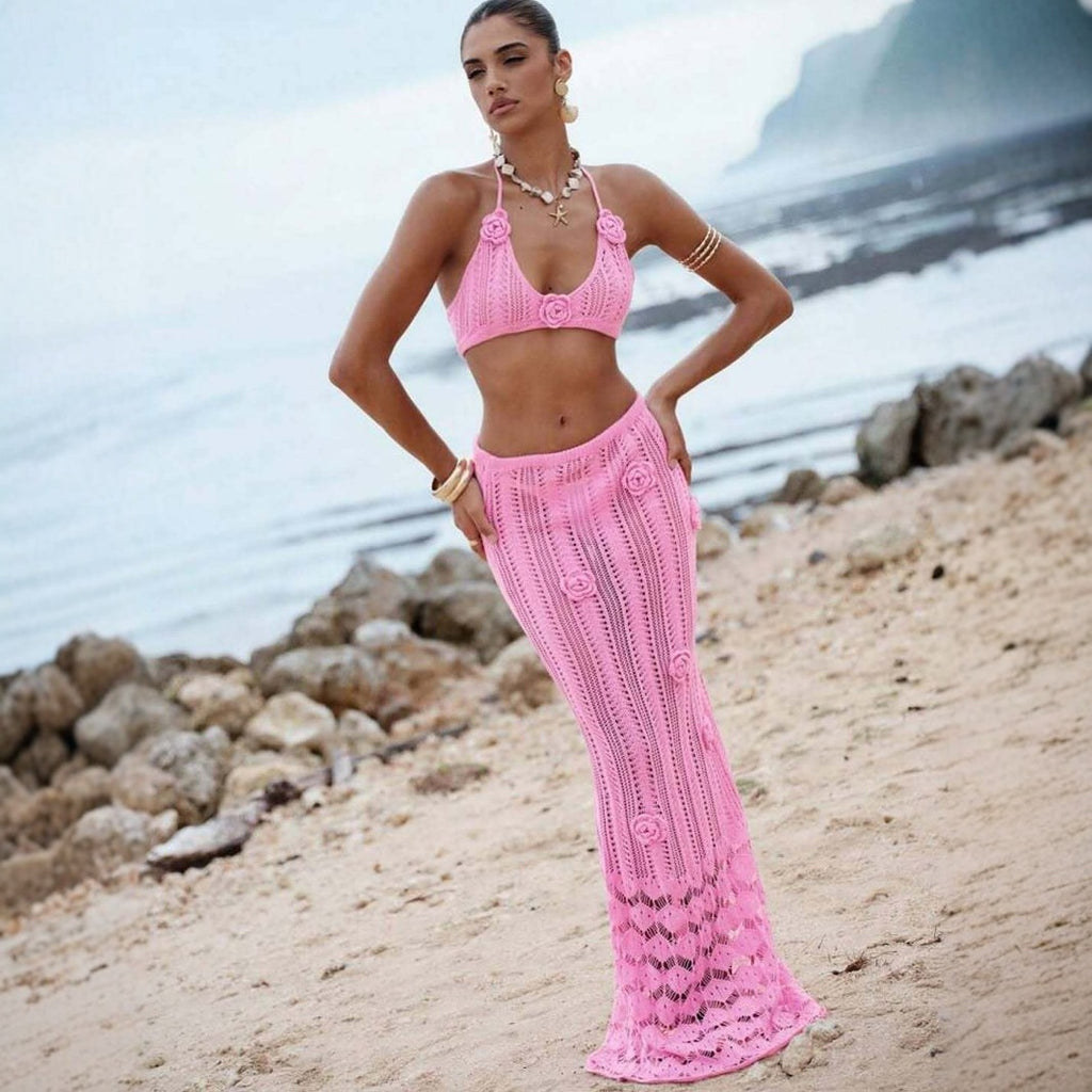 Sexy Floating Floral Cropped Outfit Bikini Strap Halter Knitted Swimsuit Dress Mangar