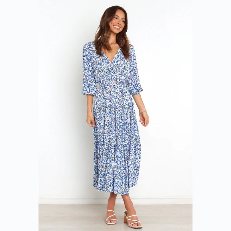 Spring Summer Floral Fresh Sweet Mid-Sleeve V neck Dress XUYUN