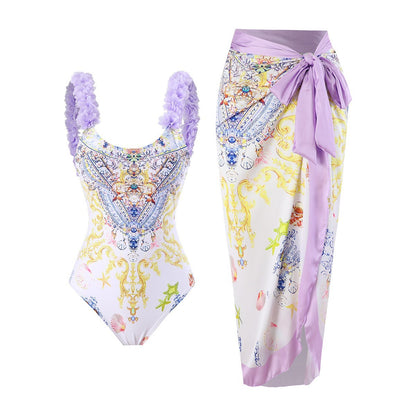 Traje de baño conservador de una pieza con falda estampada para mujer