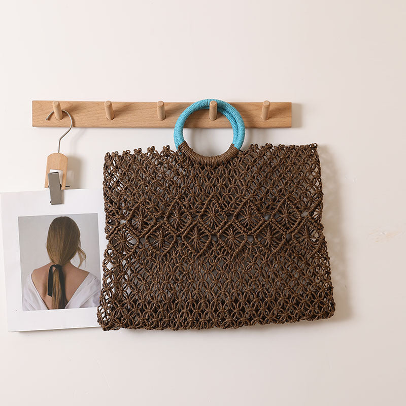 Bolso de paja cuadrado portátil con asa redonda, bolso de paja con estampado recortado y hueco para verano, bolso tejido para mujer, bolso de playa para vacaciones en la playa 