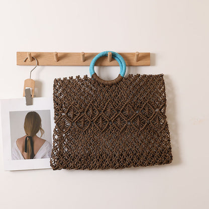 Round Handle Portable Square Straw Bag Summer Hollow Out Cutout Pattern Straw Bag Woven Bag Women Seaside Vacation Beach Bag
